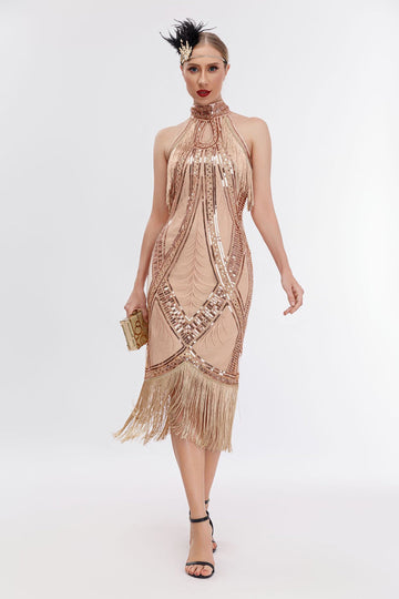 Vestido halter champán de la década de 1920 con lentejuelas